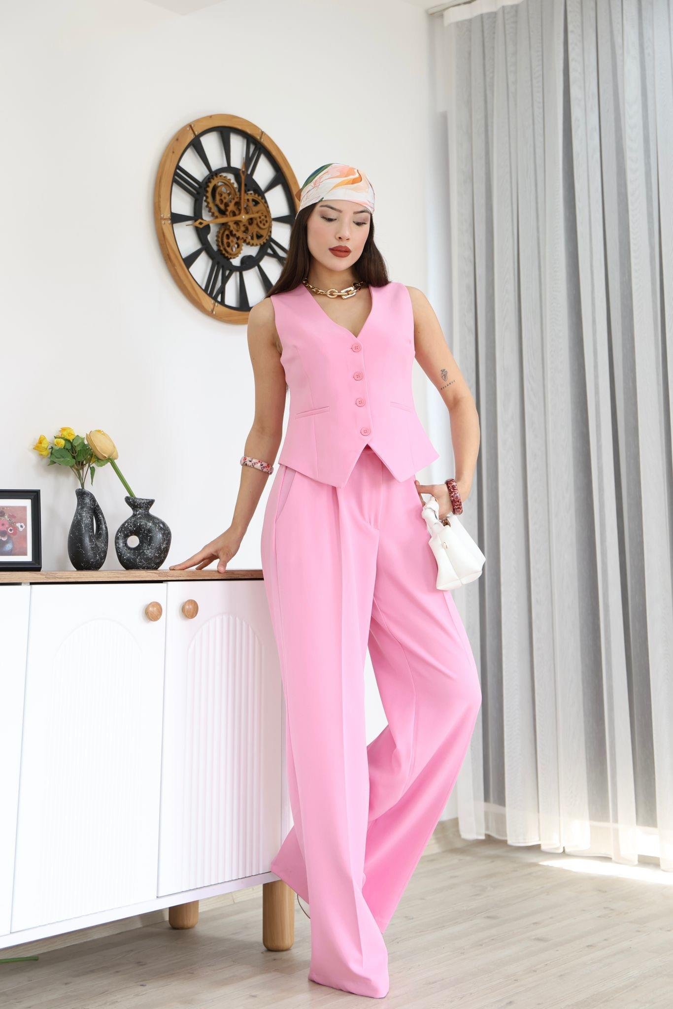 Pembe Düğmeli Yelek Pantolon Blazer Takım