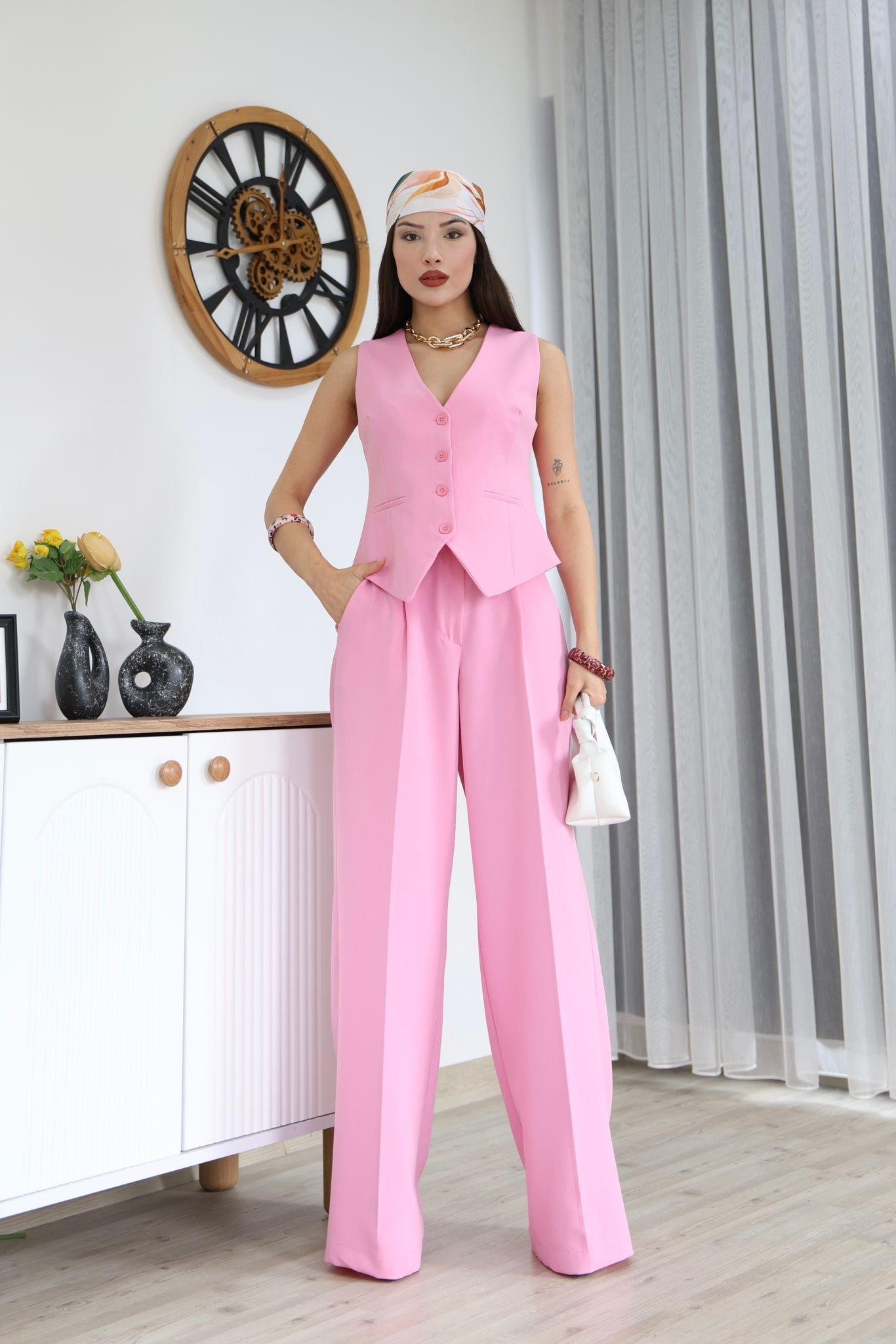 Pembe Düğmeli Yelek Pantolon Blazer Takım