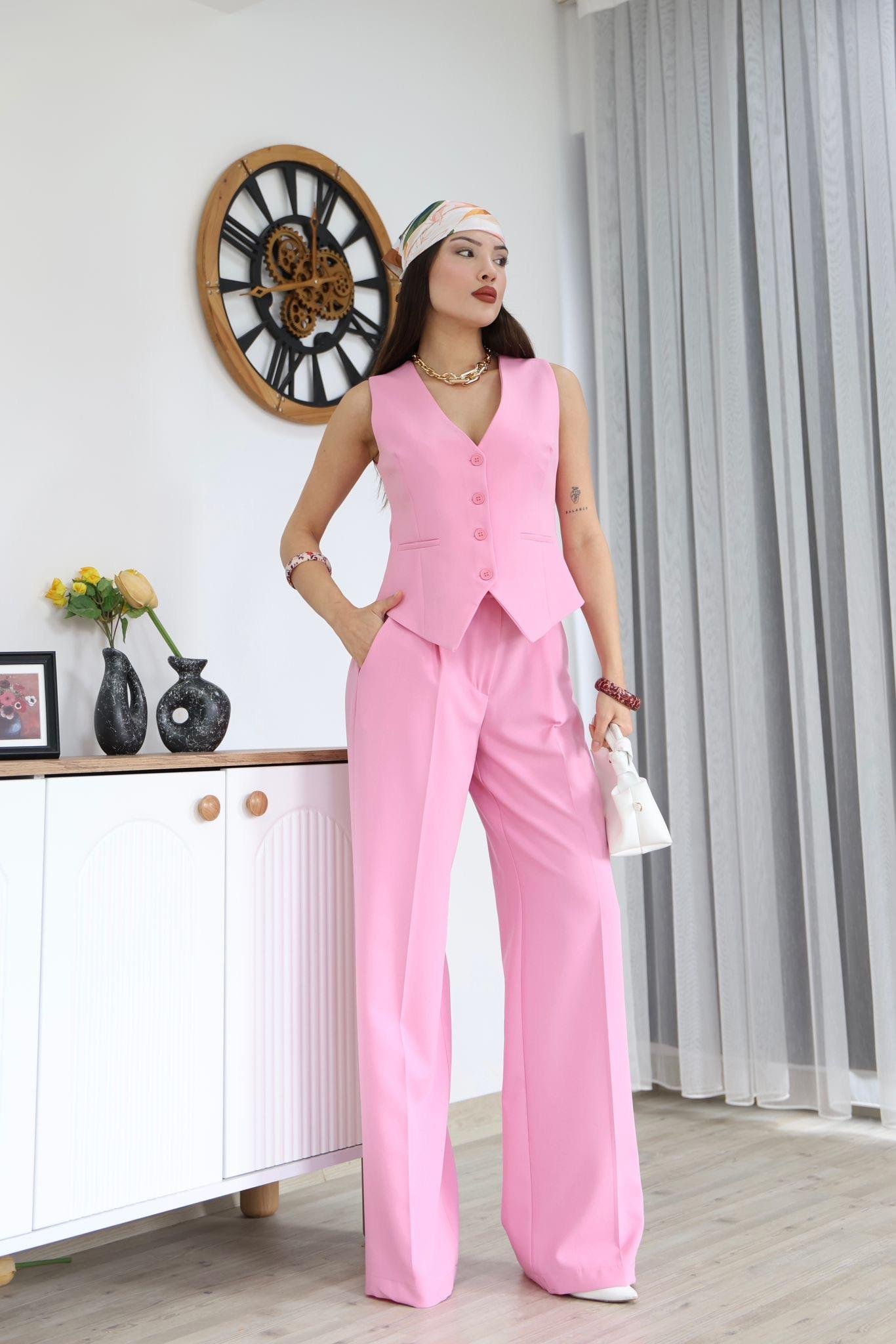 Pembe Düğmeli Yelek Pantolon Blazer Takım