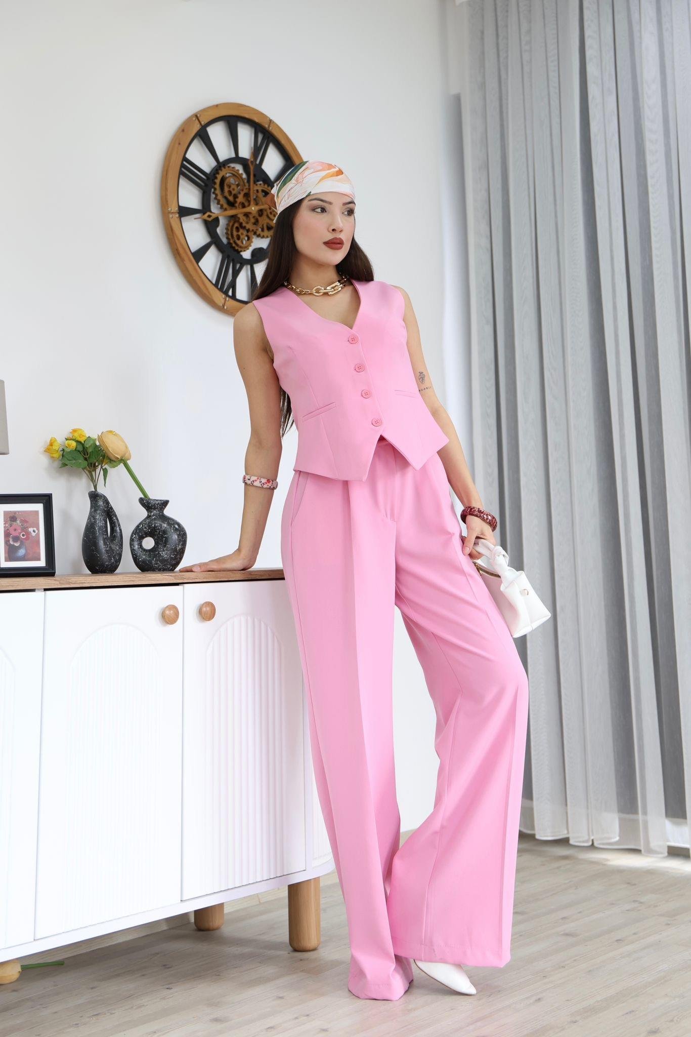 Pembe Düğmeli Yelek Pantolon Blazer Takım