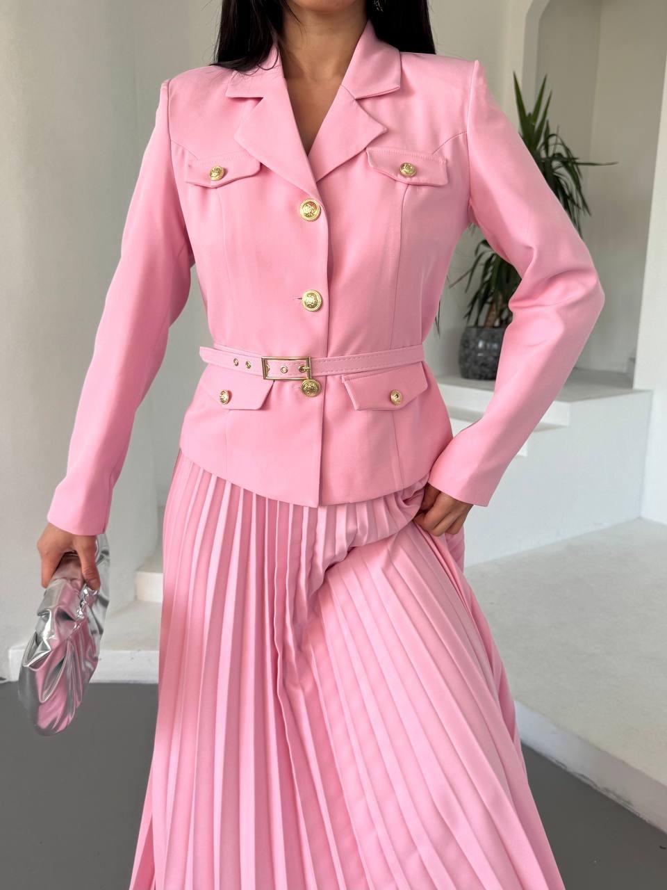Pembe  Kemerli Pilise Etekli Blazer Takım