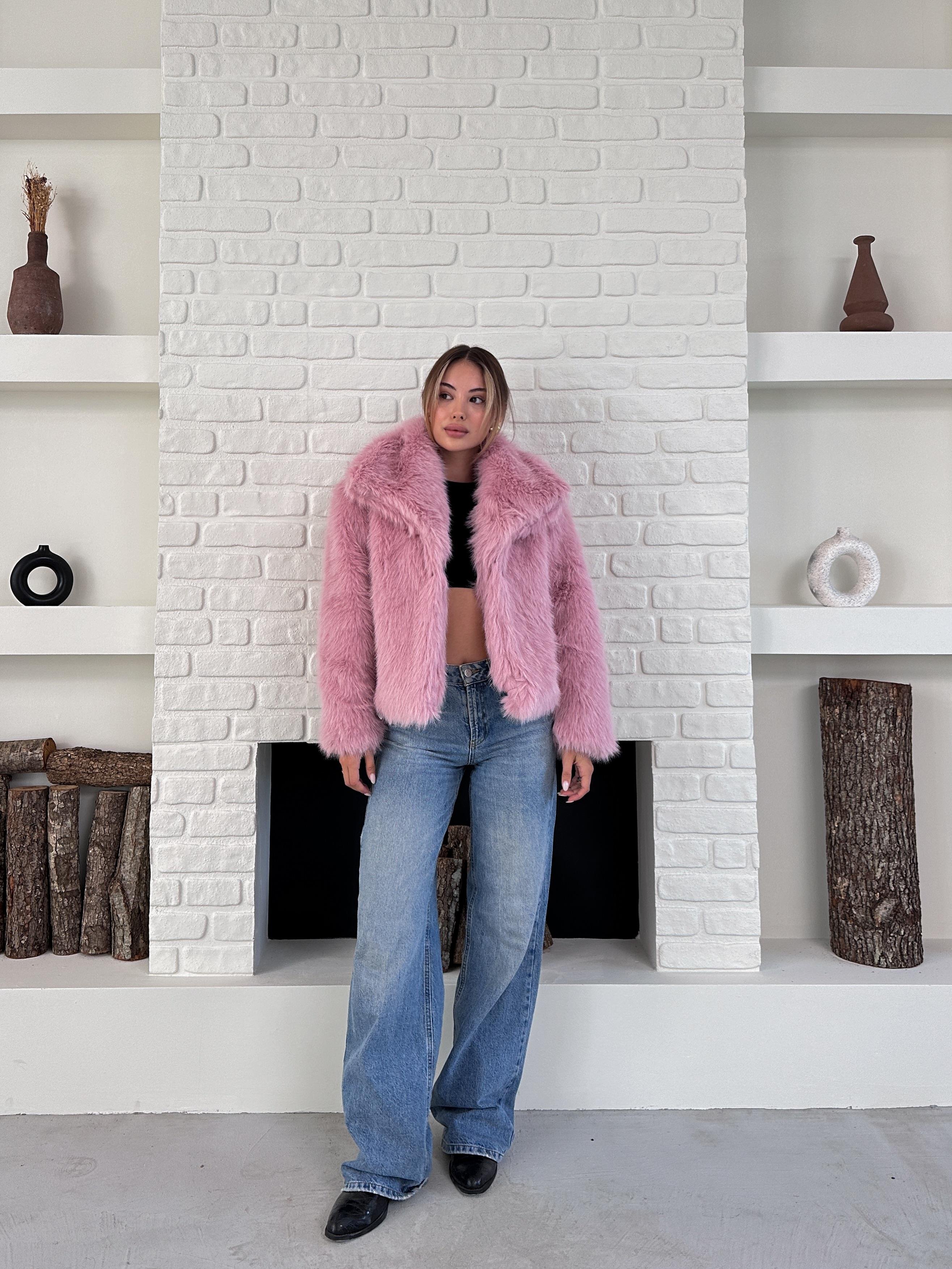Pembe Premium Yumuşak Dokulu Astarlı Kürk