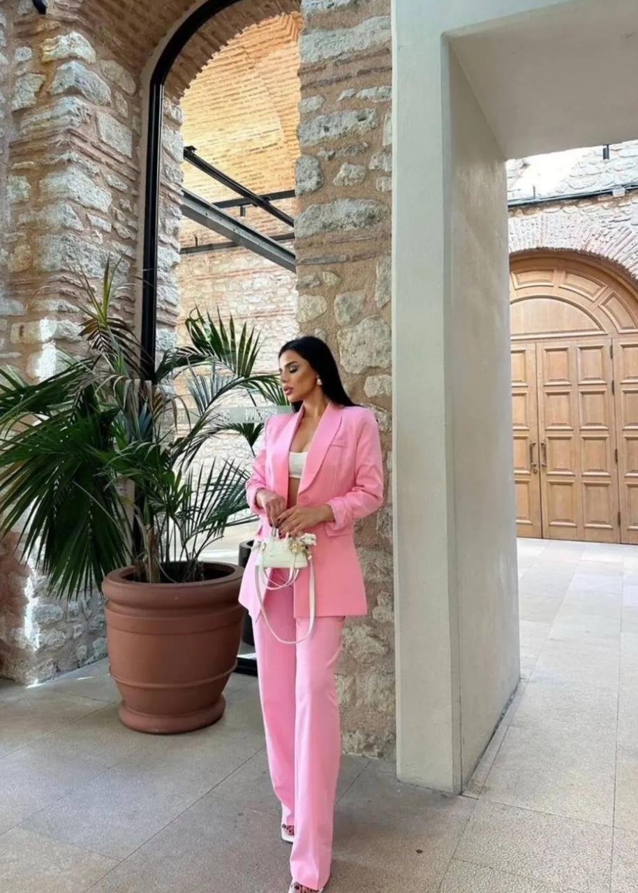 Pembe Tek Düğmeli Klasik Blazer Takım