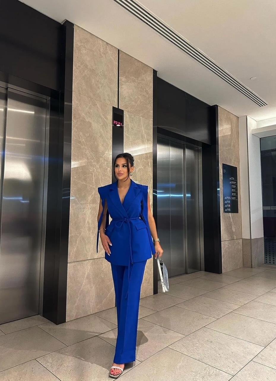 Saks Mavi Bağlamalı Yelek Pantolon Blazer Takım