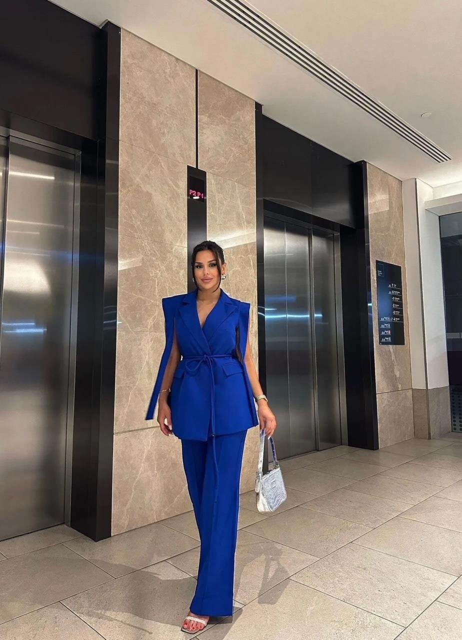 Saks Mavi Bağlamalı Yelek Pantolon Blazer Takım