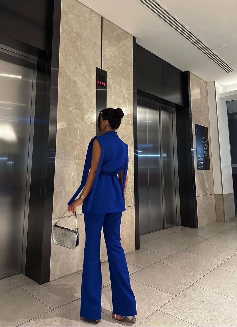 Saks Mavi Bağlamalı Yelek Pantolon Blazer Takım