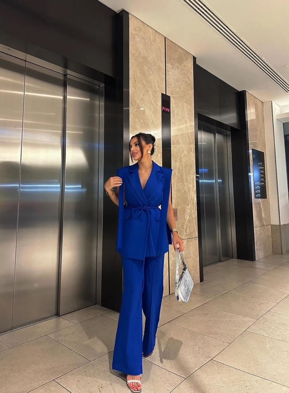 Saks Mavi Bağlamalı Yelek Pantolon Blazer Takım