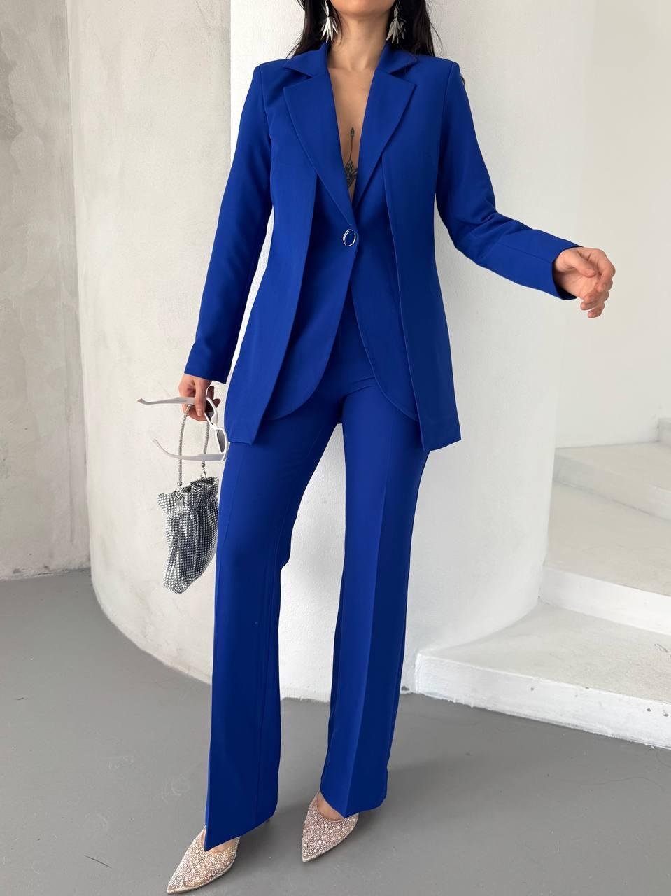 Saks Mavi Çift Kuşak Görünümlü Blazer Takım