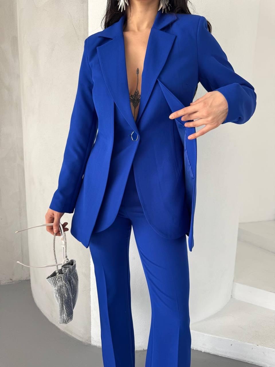 Saks Mavi Çift Kuşak Görünümlü Blazer Takım