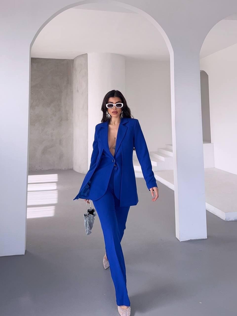 Saks Mavi Çift Kuşak Görünümlü Blazer Takım
