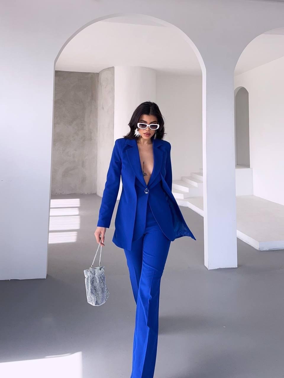 Saks Mavi Çift Kuşak Görünümlü Blazer Takım