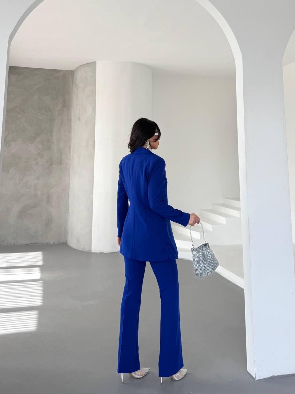 Saks Mavi Çift Kuşak Görünümlü Blazer Takım