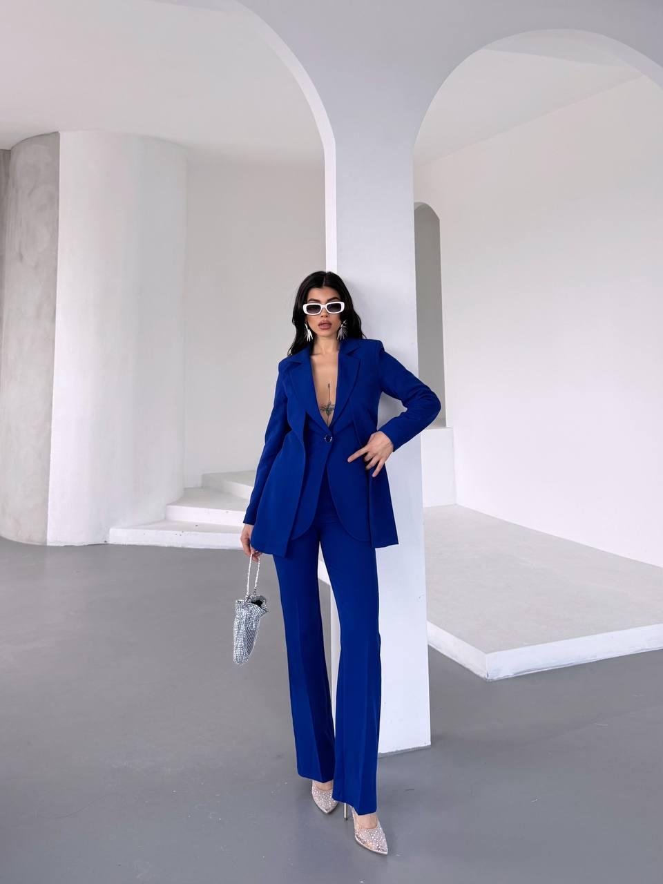 Saks Mavi Çift Kuşak Görünümlü Blazer Takım