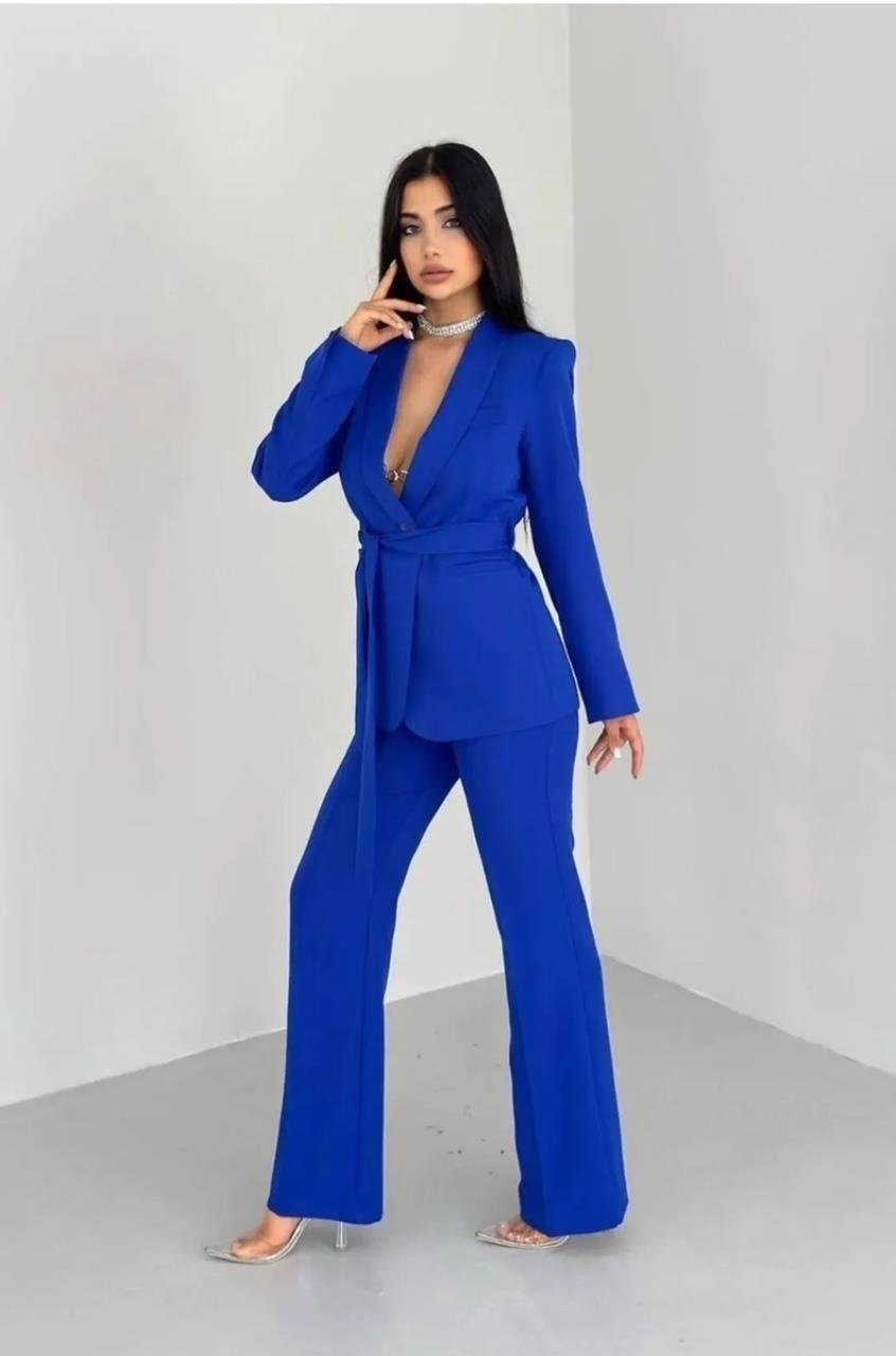 Saks Mavi Kuşaklı Blazer Takım