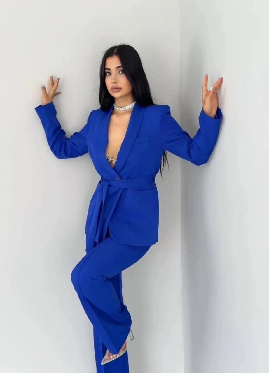 Saks Mavi Kuşaklı Blazer Takım
