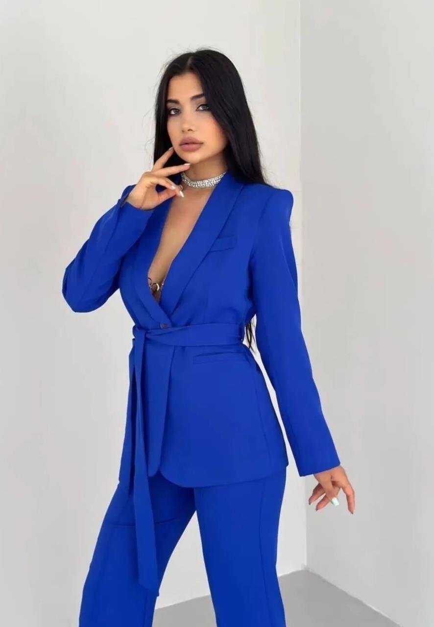 Saks Mavi Kuşaklı Blazer Takım