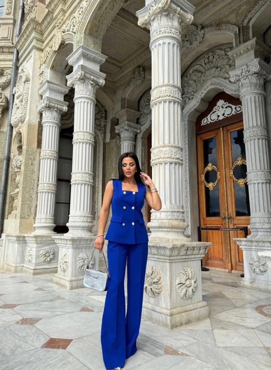 Saks Mavi Taş Düğmeli Yelek Pantolon Blazer Takım