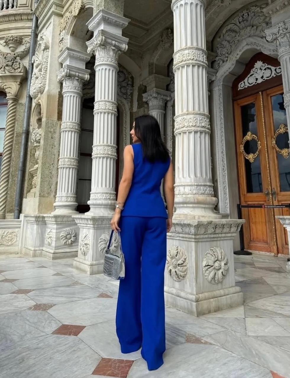 Saks Mavi Taş Düğmeli Yelek Pantolon Blazer Takım