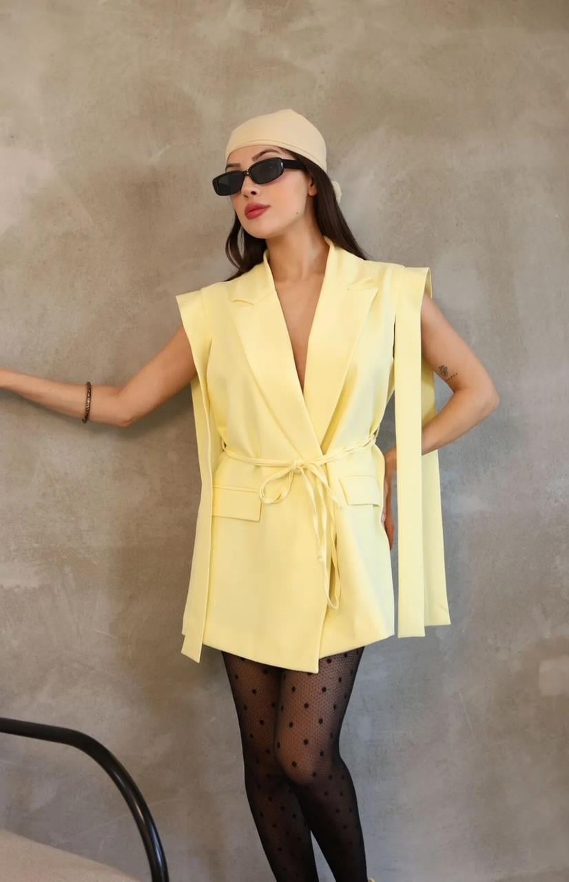 Sarı Bağlamalı Blazer Yelek
