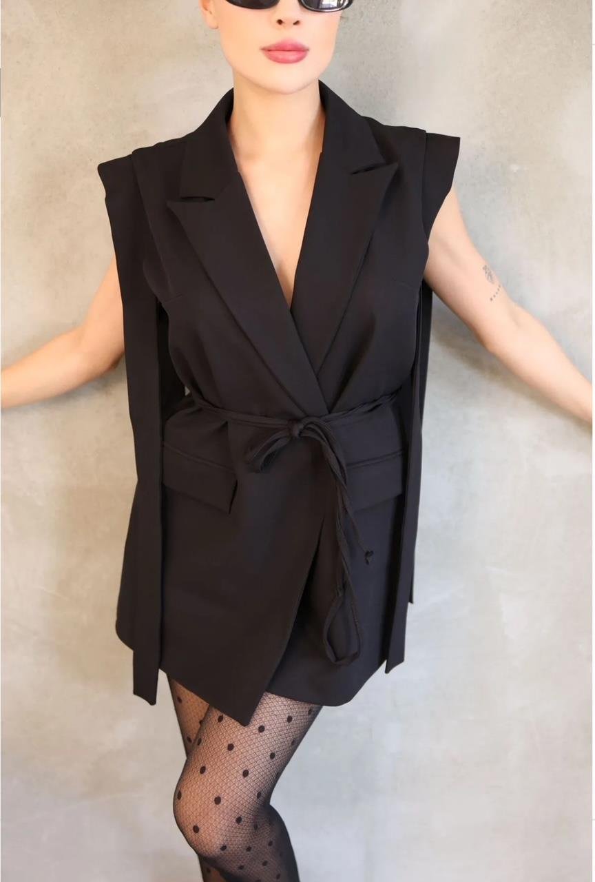 Siyah Bağlamalı Blazer Yelek