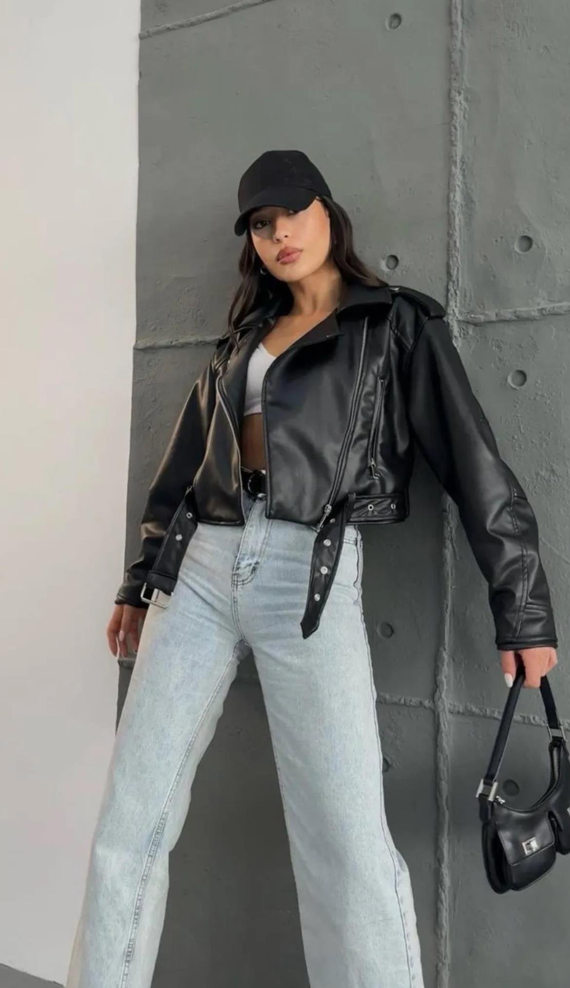 Siyah Biker Crop Deri Ceket