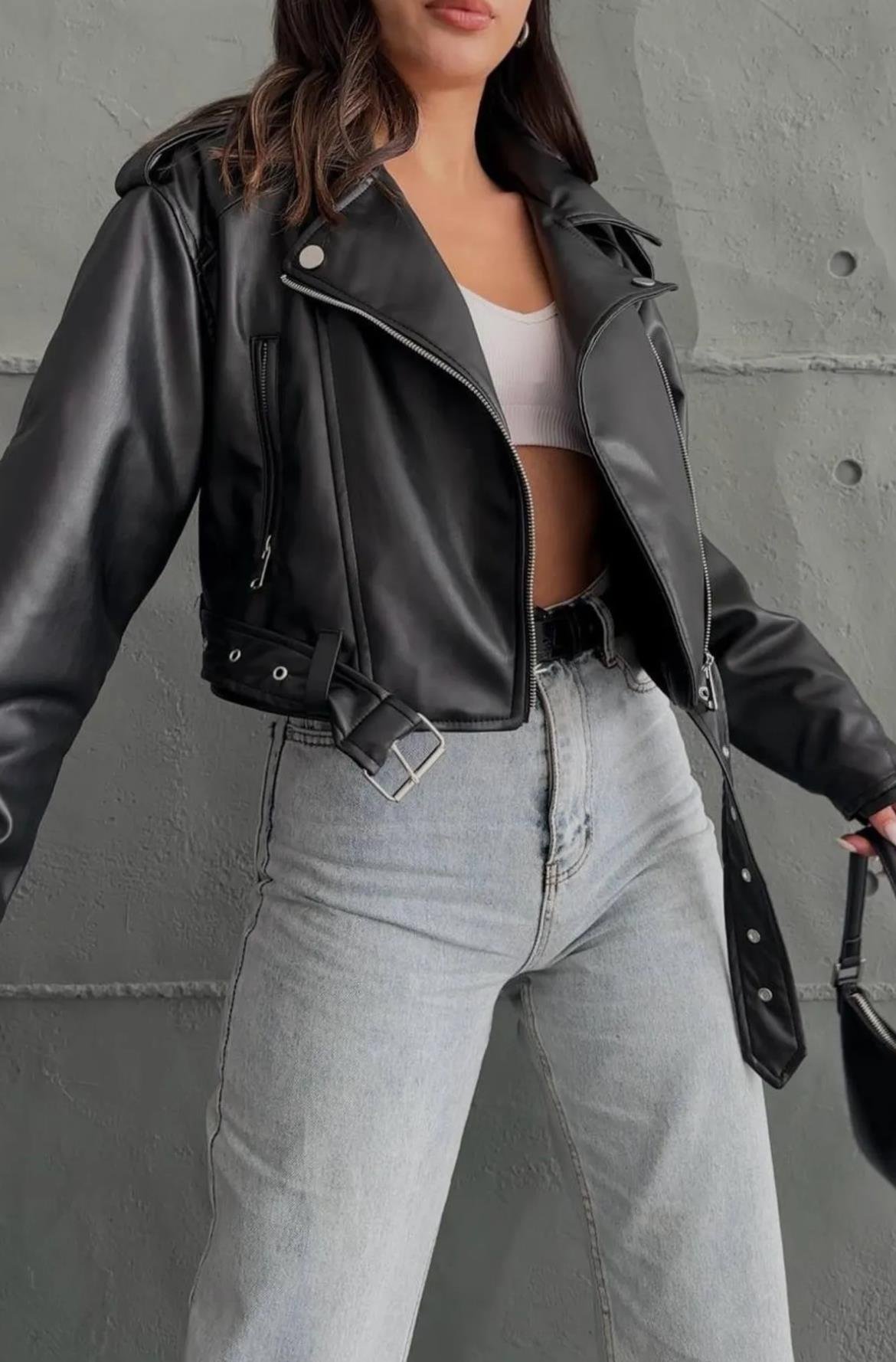 Siyah Biker Crop Deri Ceket