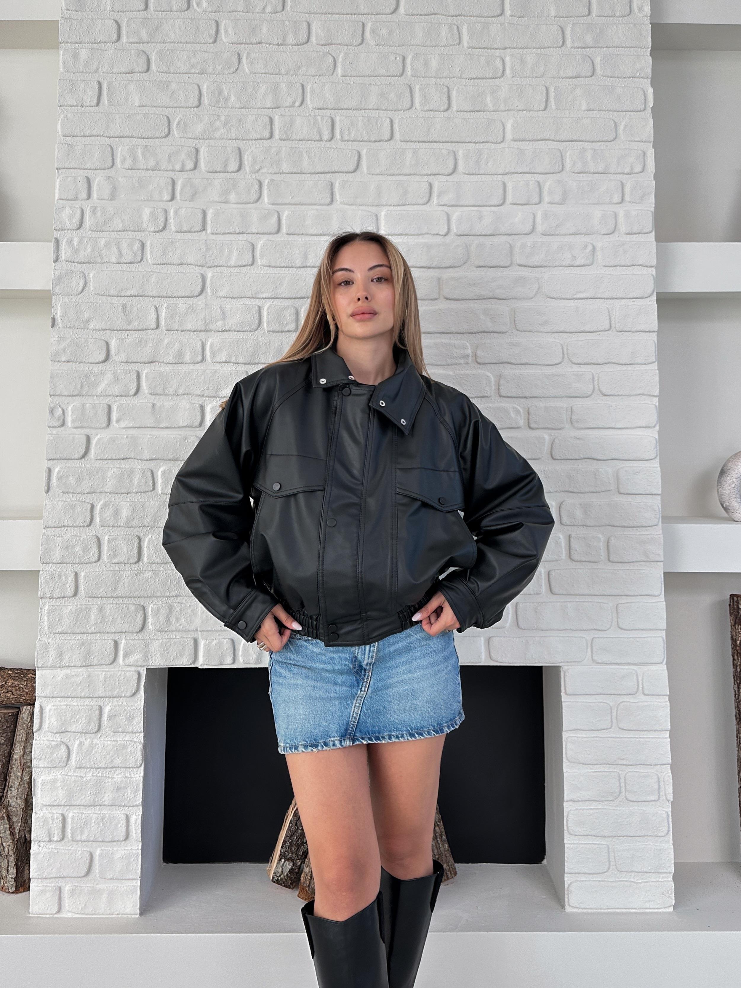 Siyah Cepli Bomber Deri Ceket