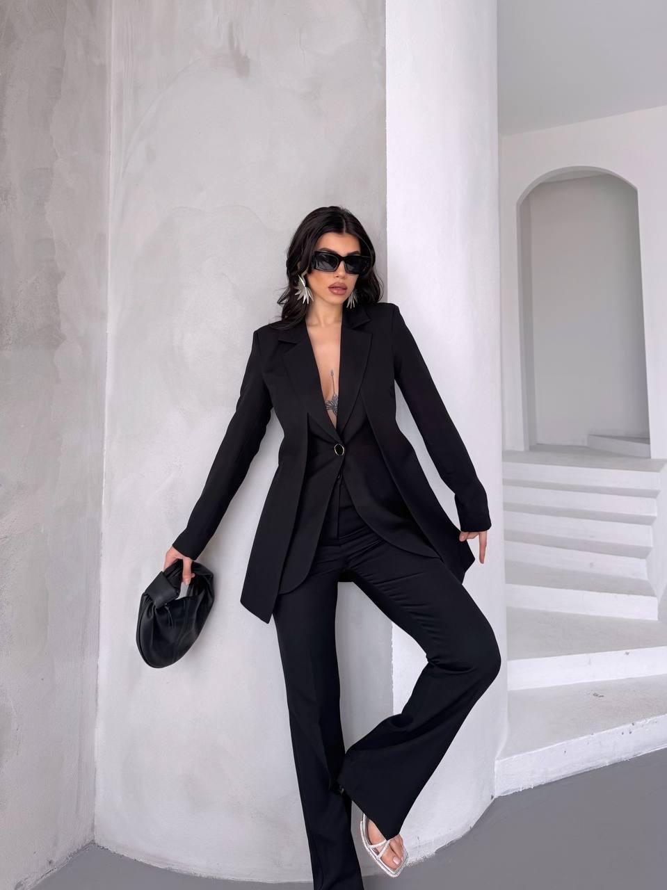 Siyah Çift Kuşak Görünümlü Blazer Takım