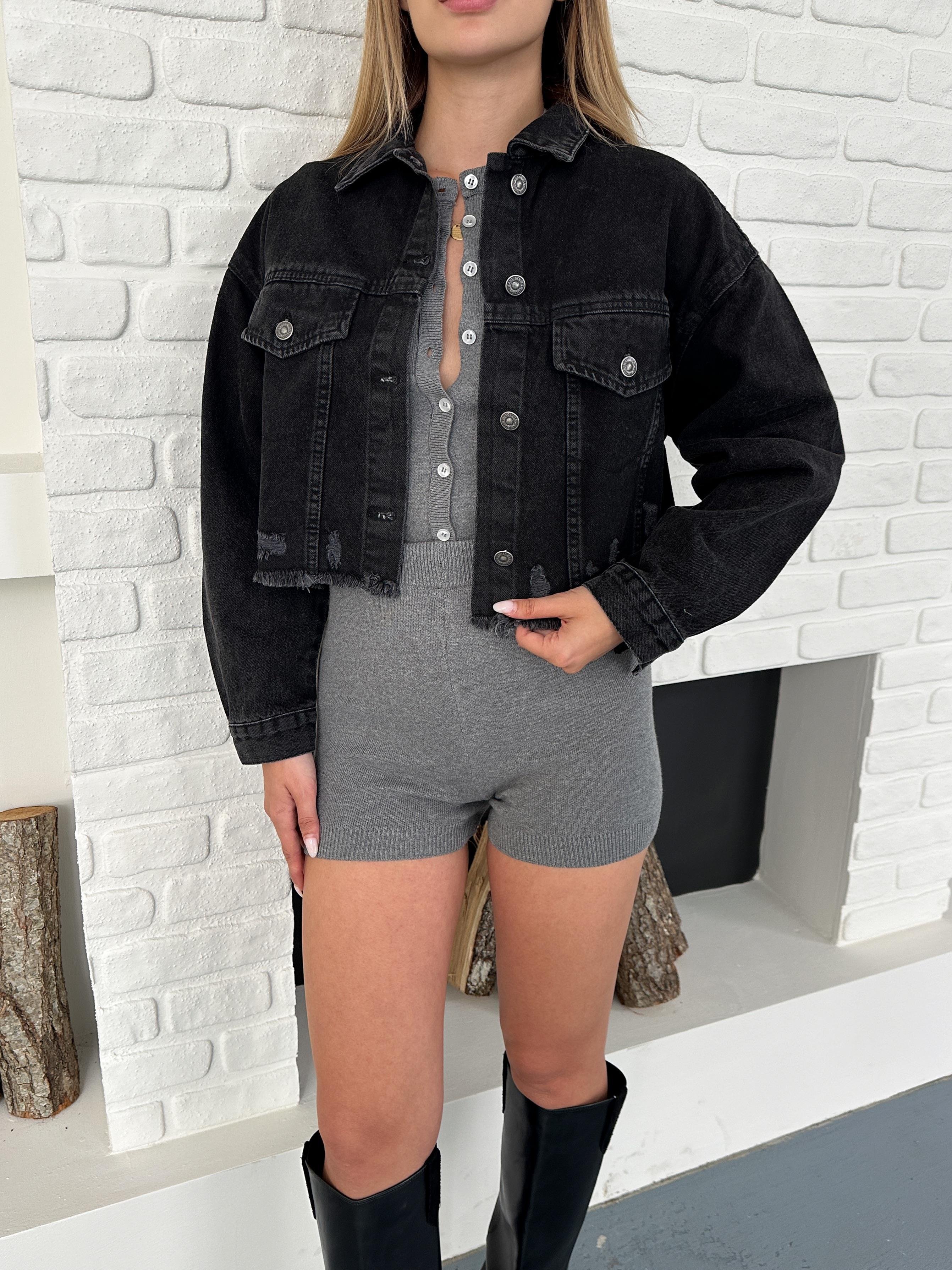 Siyah Crop Denım Kot Ceket