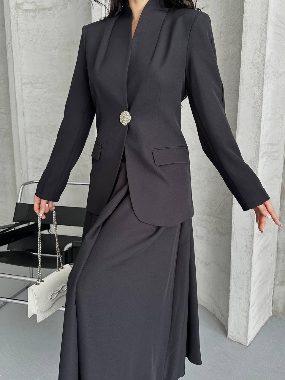 Siyah Gold Düğmeli Ceket Etek Blazer Takım