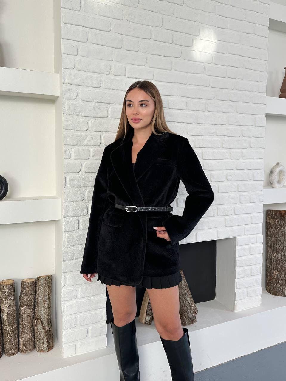 Siyah Kaşmir Dokulu Premium Kemerli Blazer Ceket