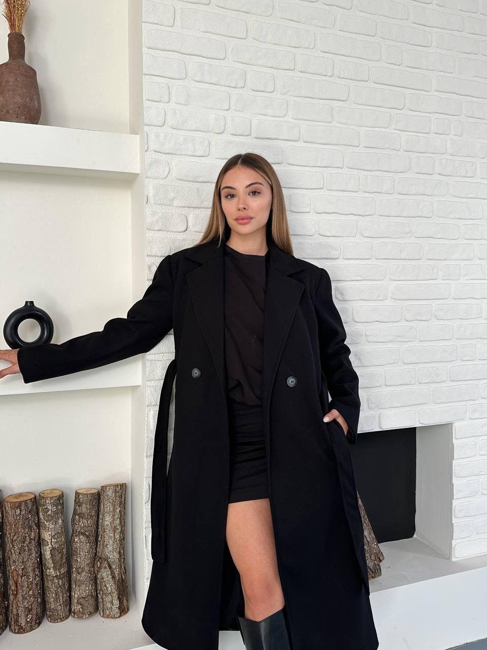 Siyah Kuşaklı Astarlı Maxi Boy Kaşe Kaban