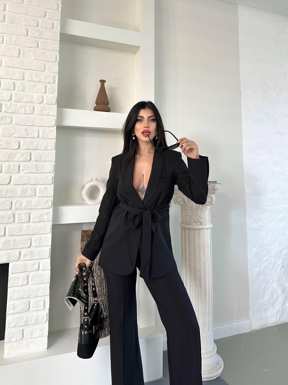 Siyah Kuşaklı Bağlamalı Ceket Pantolon Blazer Takım