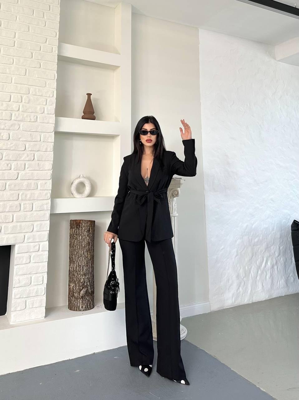 Siyah Kuşaklı Bağlamalı Ceket Pantolon Blazer Takım