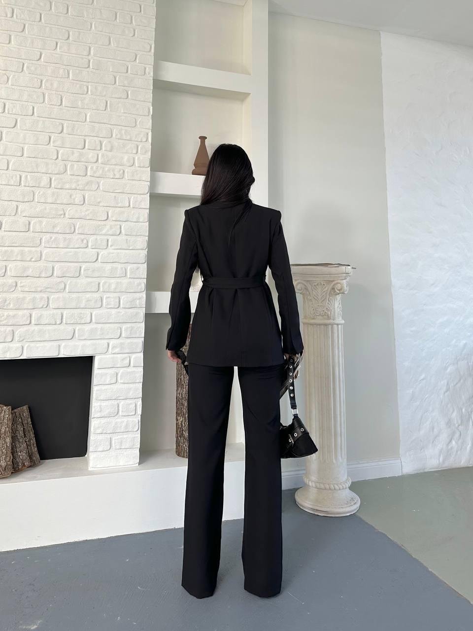 Siyah Kuşaklı Bağlamalı Ceket Pantolon Blazer Takım
