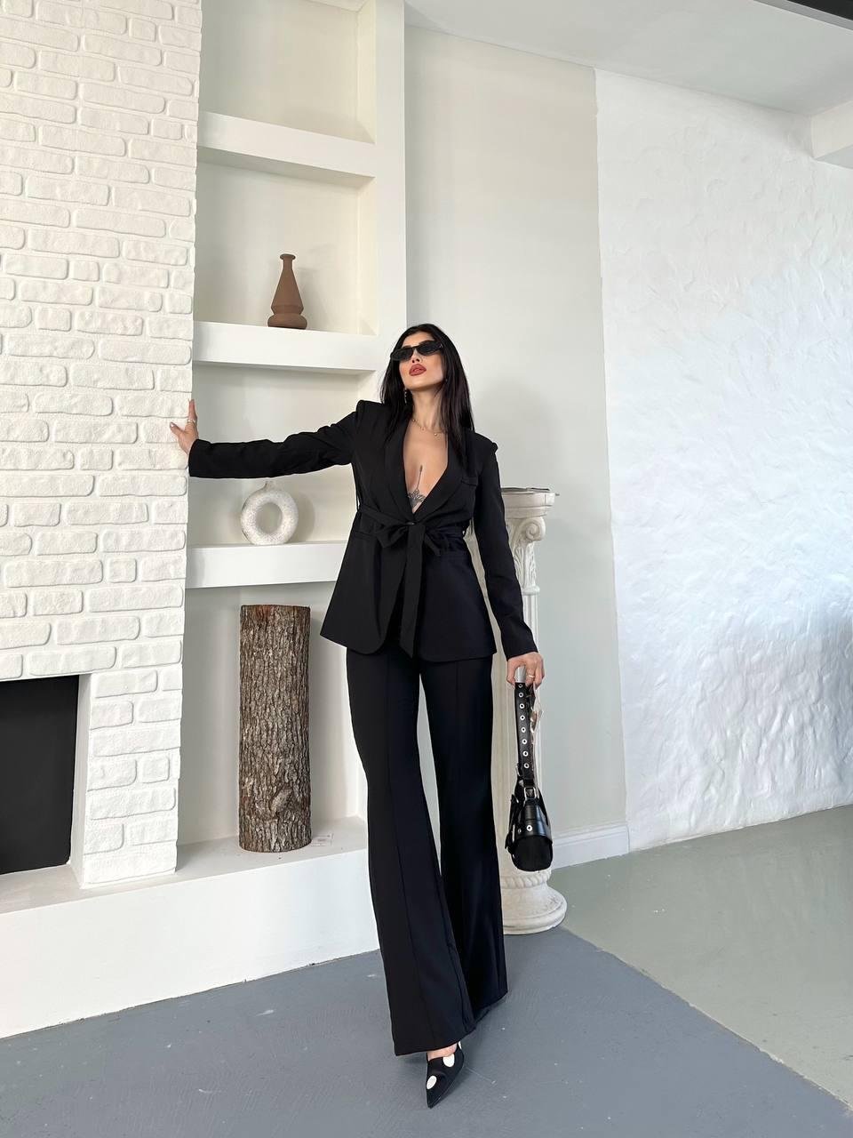 Siyah Kuşaklı Bağlamalı Ceket Pantolon Blazer Takım