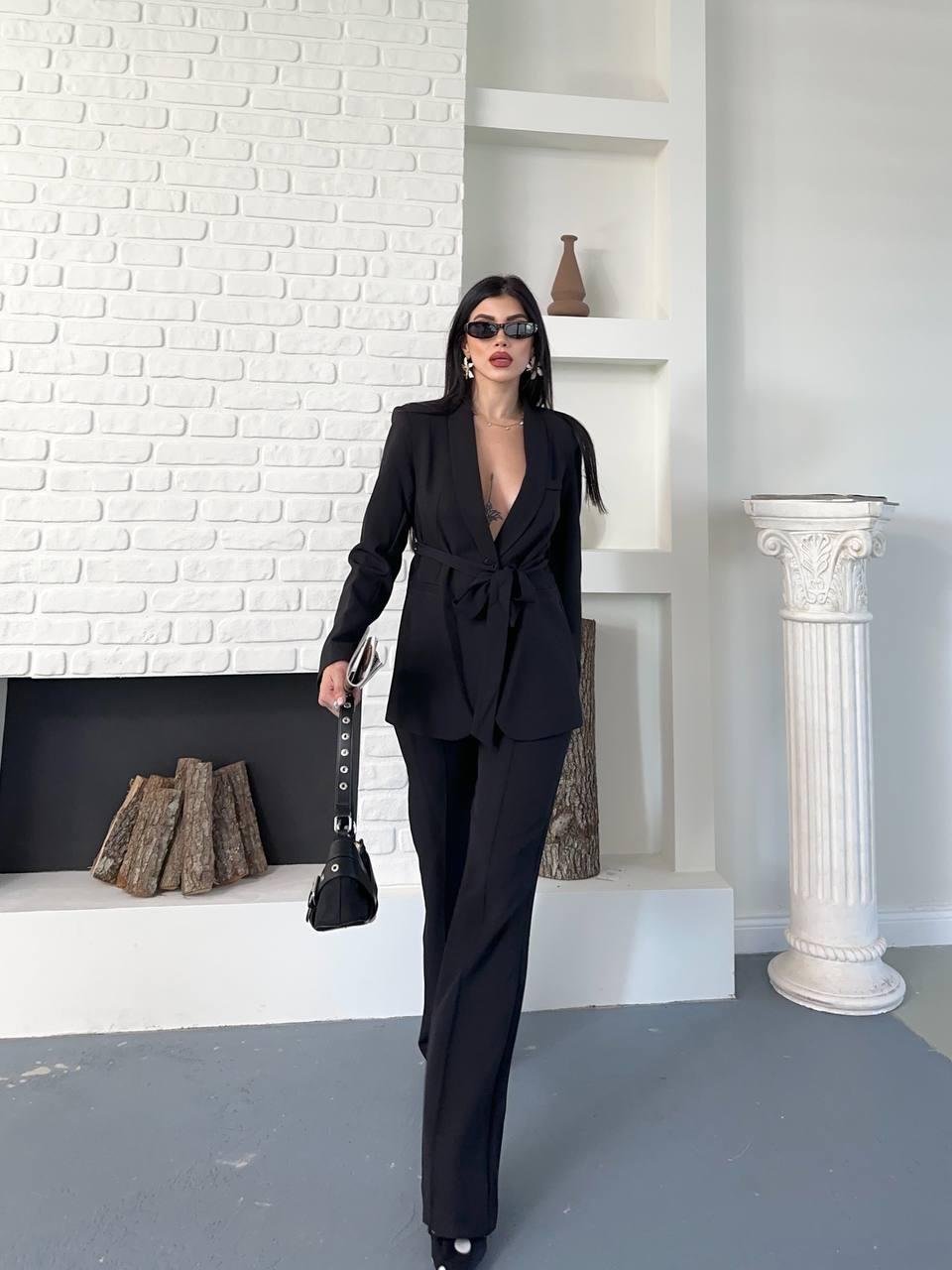 Siyah Kuşaklı Bağlamalı Ceket Pantolon Blazer Takım