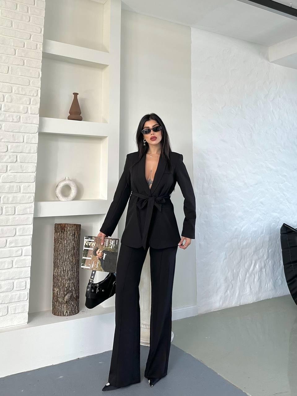 Siyah Kuşaklı Bağlamalı Ceket Pantolon Blazer Takım