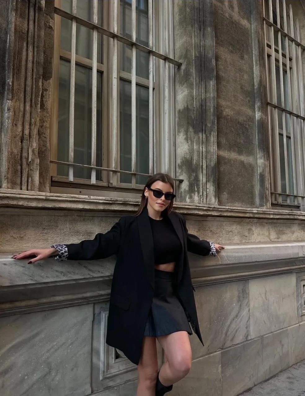 Siyah Leopar Astarlı Blazer Ceket