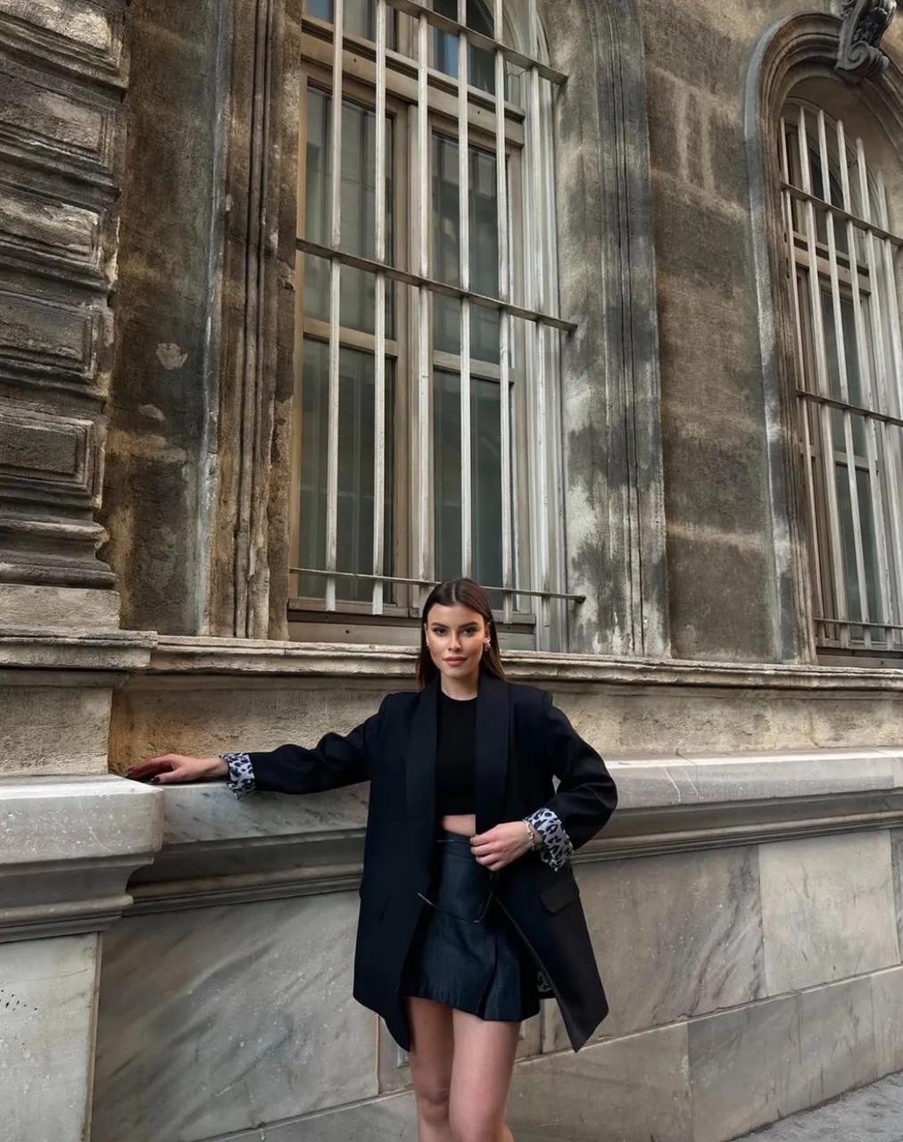 Siyah Leopar Astarlı Blazer Ceket
