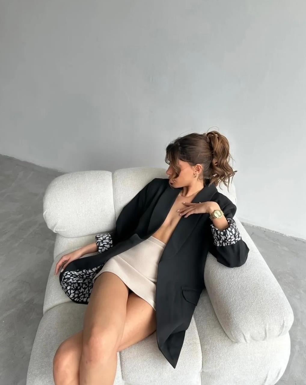 Siyah Leopar Astarlı Blazer Ceket