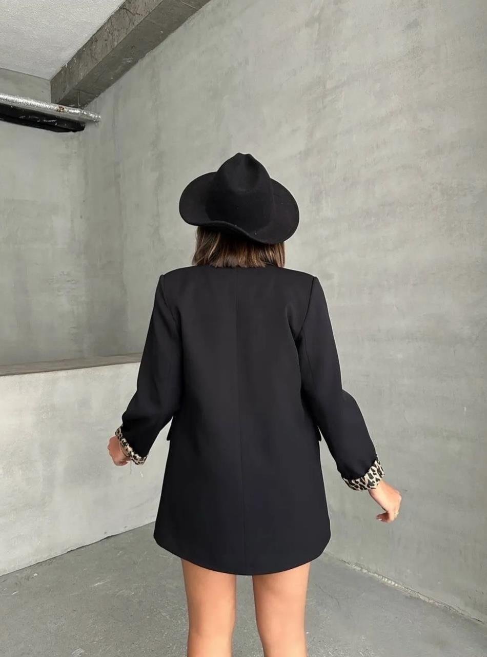 Siyah Leopar Astarlı Blazer Ceket