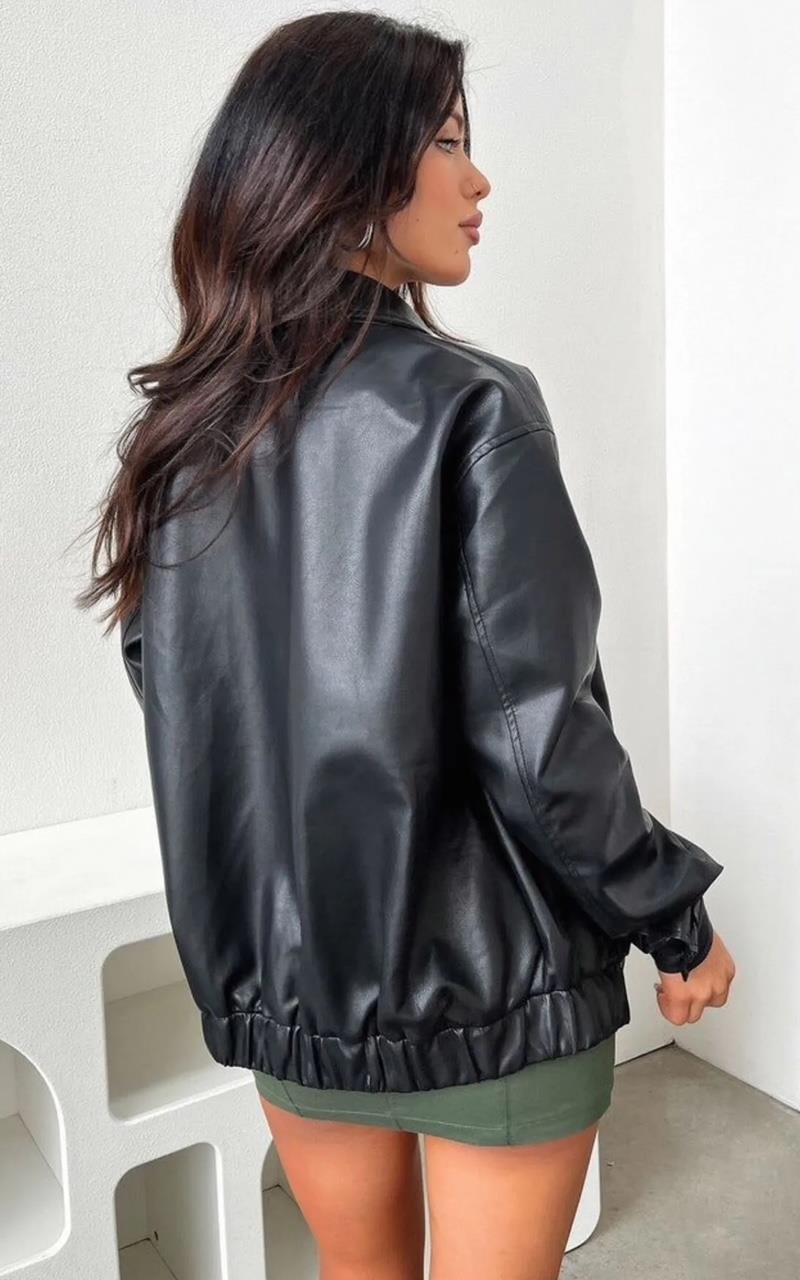 Siyah Oversize Bomber Deri Ceket