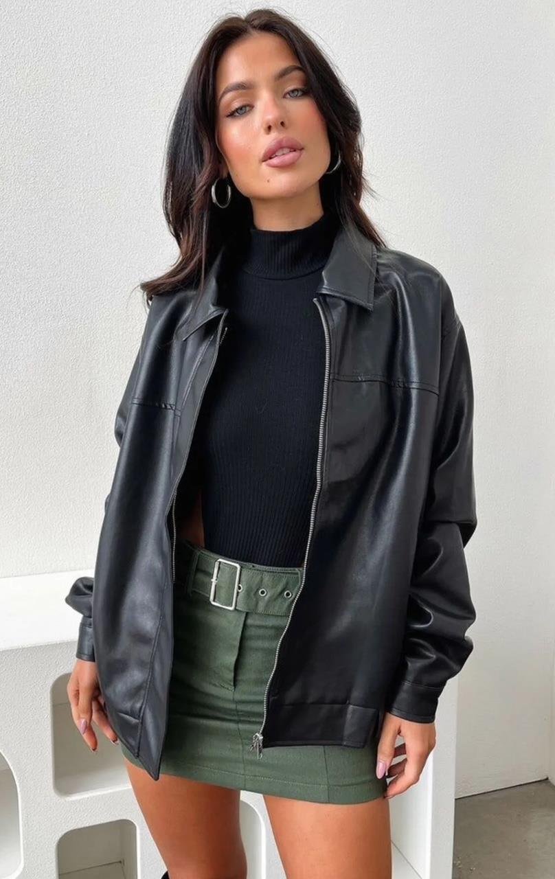 Siyah Oversize Bomber Deri Ceket