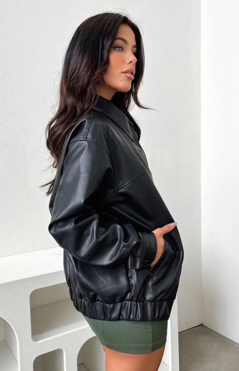 Siyah Oversize Bomber Deri Ceket