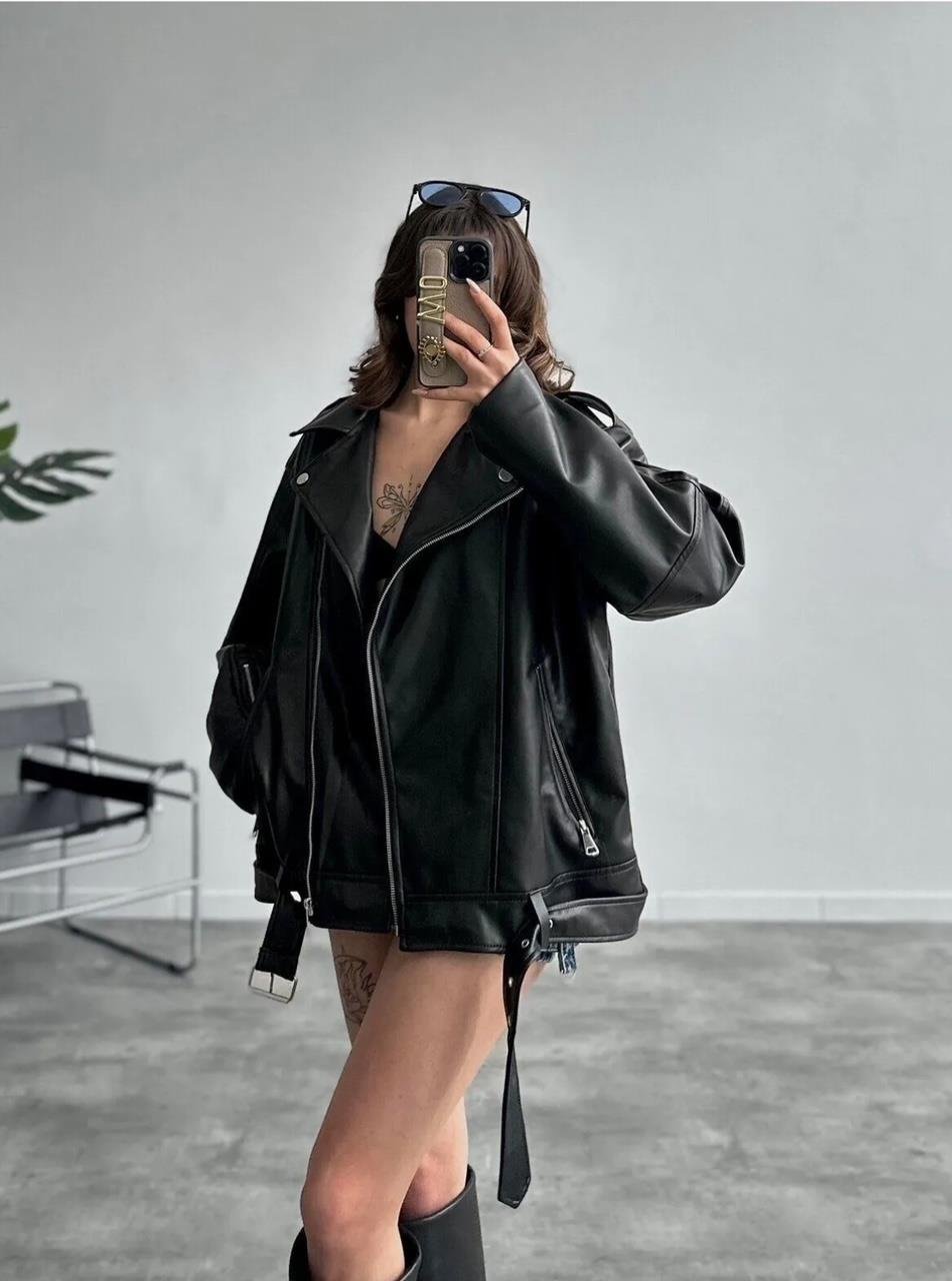 Siyah Oversize Deri Ceket