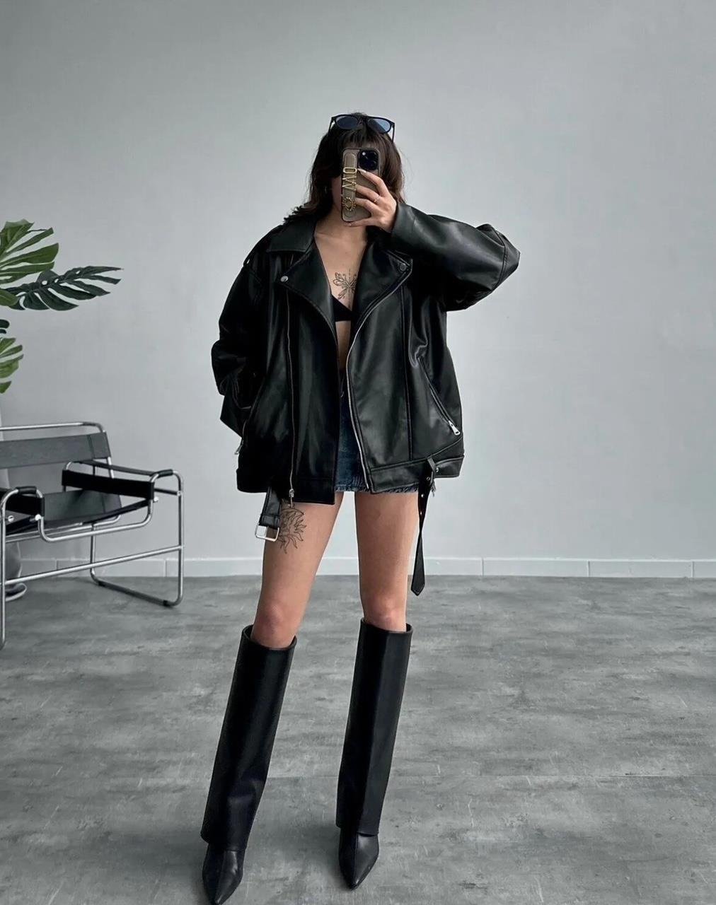 Siyah Oversize Deri Ceket
