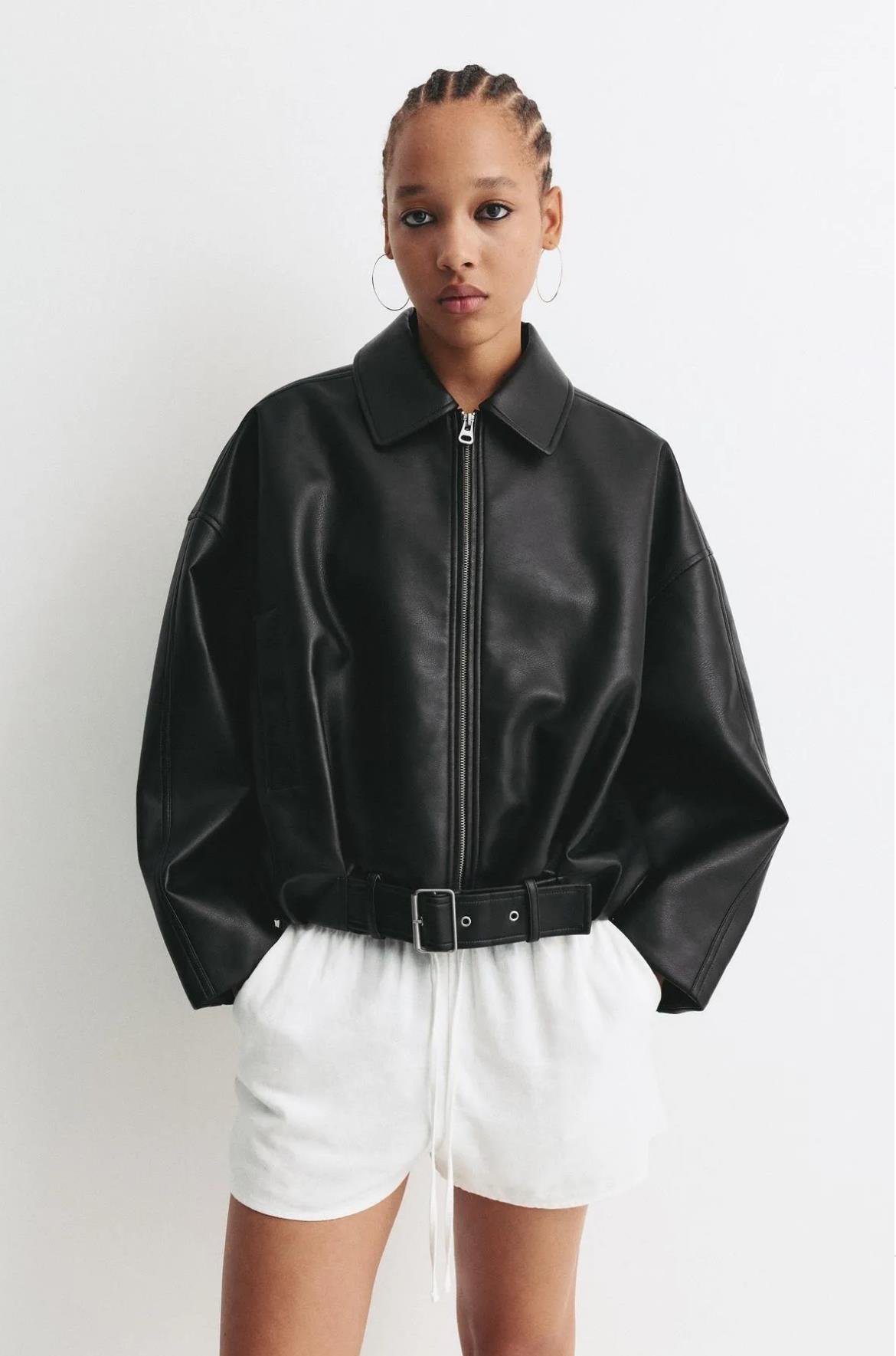 Siyah Oversize Kemerli Bomber Deri Ceket