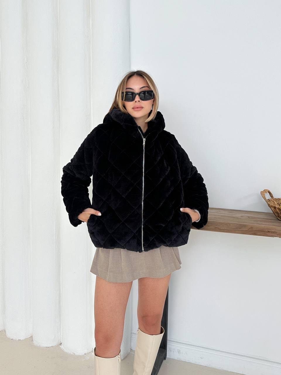 Siyah Oversize Puffer Teddy Kapüşonlu Mont