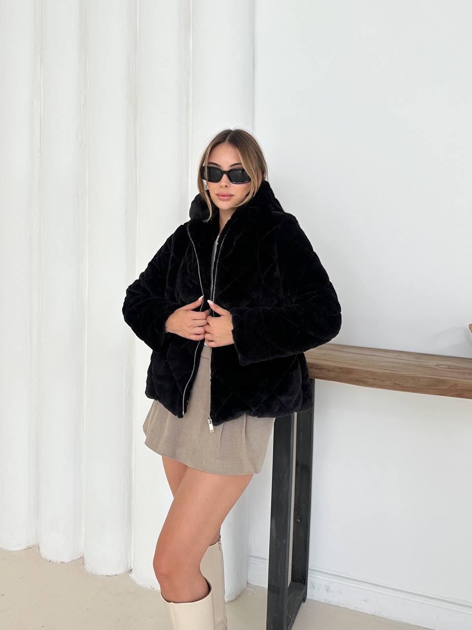 Siyah Oversize Puffer Teddy Kapüşonlu Mont